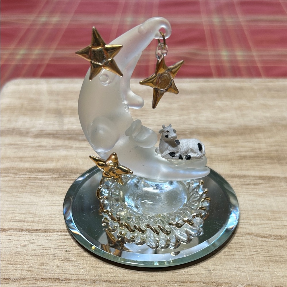 Glass Baron Vintage Handcrafted Glass Cow Jumped Over The Moon Frosted Crescent